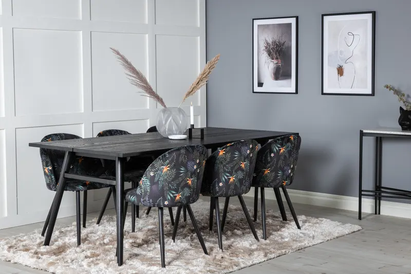 Sleek & Velvet Essgruppe mit rechteckigem Esstisch und 6 Polsterstühlen in Schwarz mit Blumenmuster, Gestell Schwarz, im Wohnraum, Ansicht 2