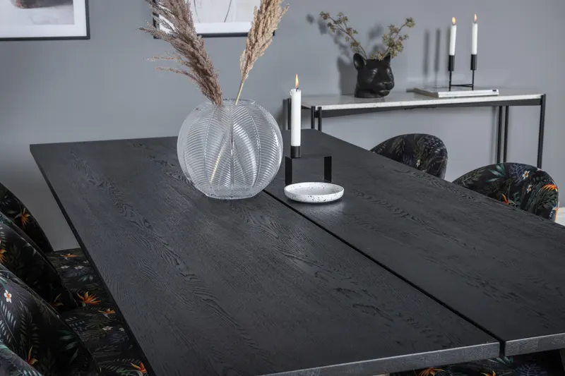Sleek & Velvet Essgruppe mit rechteckigem Esstisch und 6 Polsterstühlen in Schwarz mit Blumenmuster, Gestell Schwarz, im Wohnraum, Ansicht 4