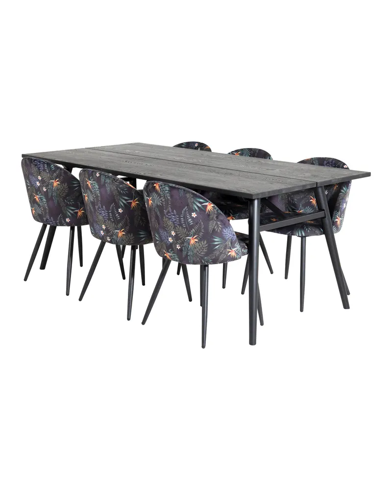 Sleek & Velvet Essgruppe mit rechteckigem Esstisch und 6 Polsterstühlen in Schwarz mit Blumenmuster, Gestell Schwarz, Ansicht 2