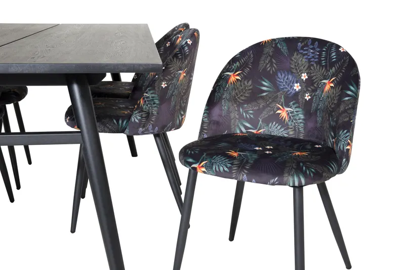 Sleek & Velvet Essgruppe mit rechteckigem Esstisch und 6 Polsterstühlen in Schwarz mit Blumenmuster, Gestell Schwarz, Ansicht 3