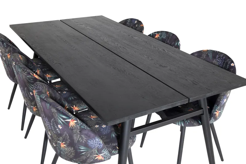 Sleek & Velvet Essgruppe mit rechteckigem Esstisch und 6 Polsterstühlen in Schwarz mit Blumenmuster, Gestell Schwarz, Ansicht 4
