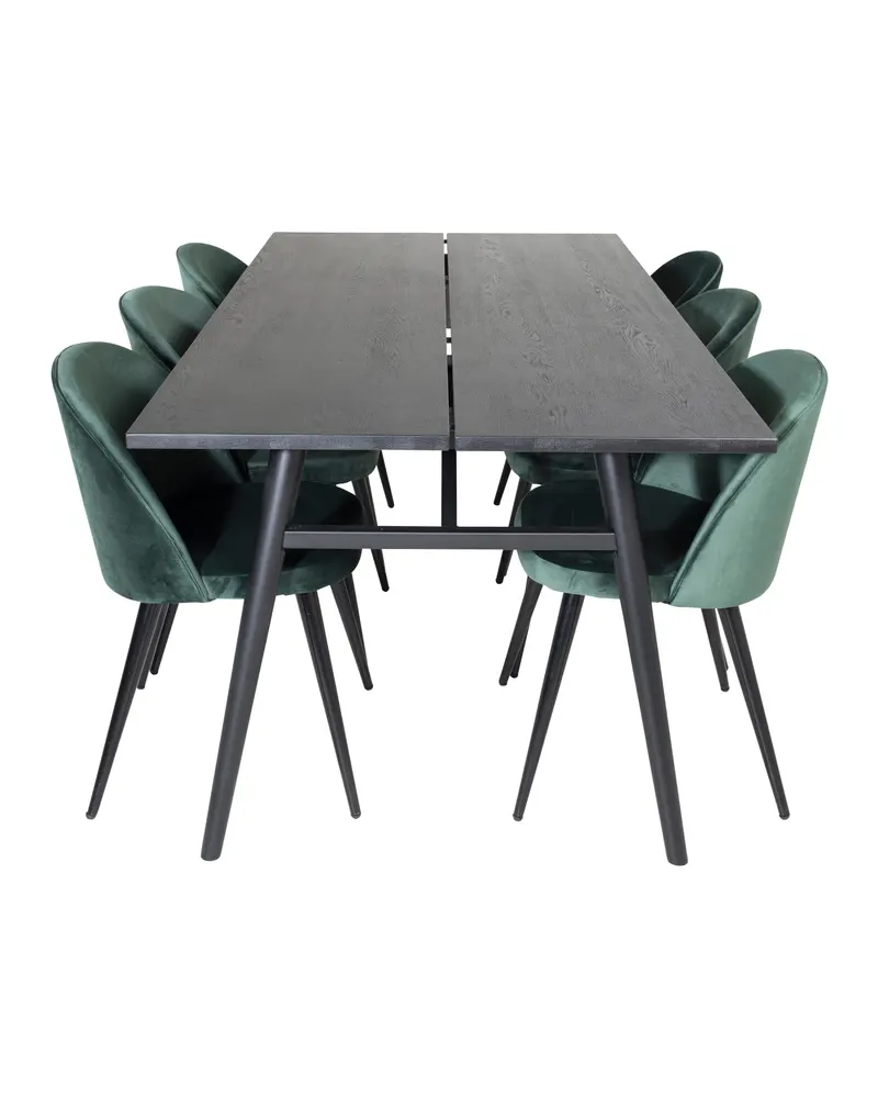 Sleek & Velvet Essgruppe: schwarzer Esstisch mit 6 Stühlen, Zierfuge