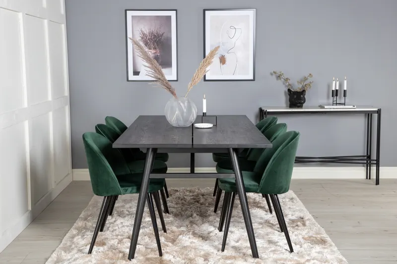 Sleek & Velvet Essgruppe mit rechteckigem Esstisch und 6 Polsterstühlen in Grün, Gestell Schwarz, im Wohnraum, Ansicht 1
