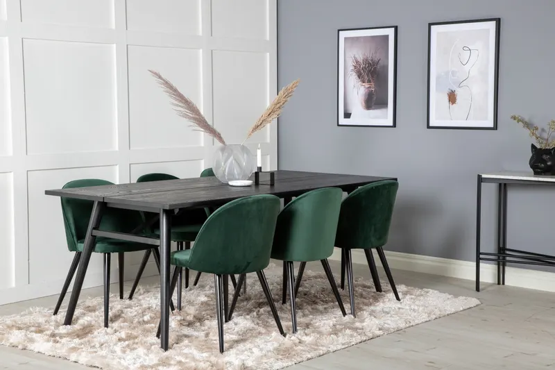 Sleek & Velvet Essgruppe mit rechteckigem Esstisch und 6 Polsterstühlen in Grün, Gestell Schwarz, im Wohnraum, Ansicht 2