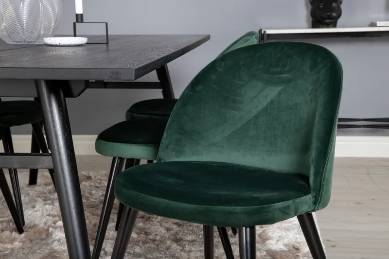 Sleek & Velvet Essgruppe mit rechteckigem Esstisch und 6 Polsterstühlen in Grün, Gestell Schwarz, im Wohnraum, Ansicht 3