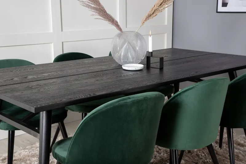 Sleek & Velvet Essgruppe mit rechteckigem Esstisch und 6 Polsterstühlen in Grün, Gestell Schwarz, im Wohnraum, Ansicht 4