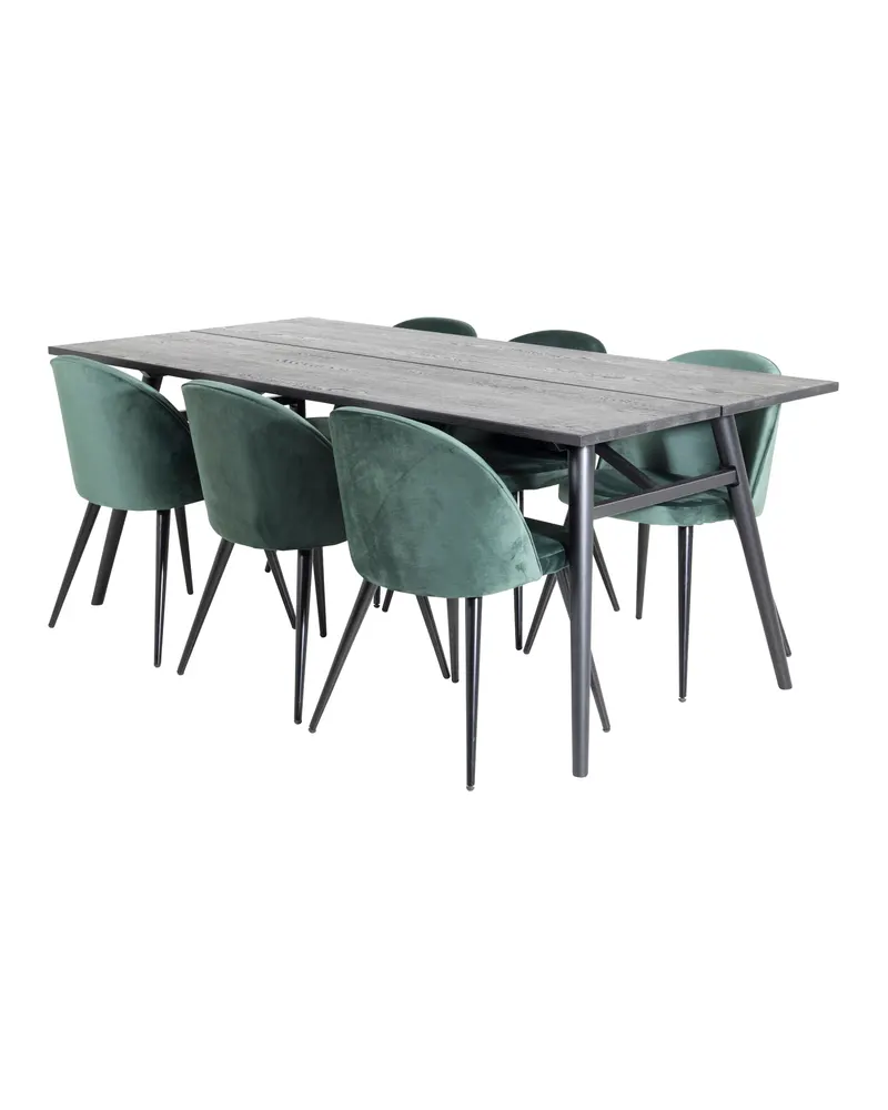 Sleek & Velvet Essgruppe mit rechteckigem Esstisch und 6 Polsterstühlen in Grün, Gestell Schwarz, Ansicht 2