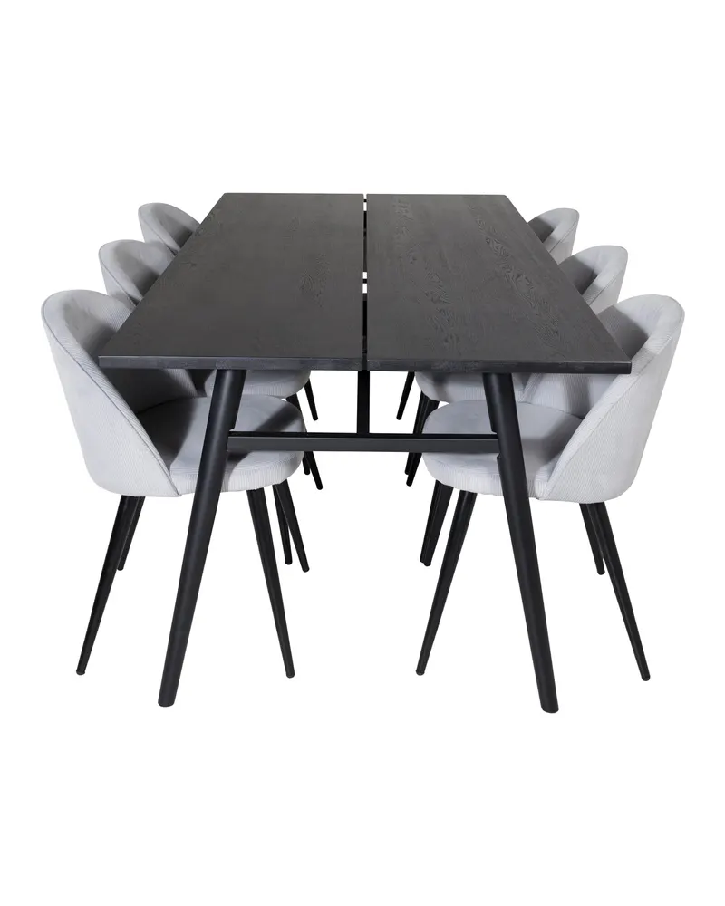 Sleek & Velvet Essgruppe mit rechteckigem Esstisch und 6 Polsterstühlen in Hellgrau, Gestell Schwarz, Ansicht 1