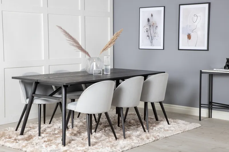Sleek & Velvet Essgruppe mit rechteckigem Esstisch und 6 Polsterstühlen in Hellgrau, Gestell Schwarz, im Wohnraum, Ansicht 2