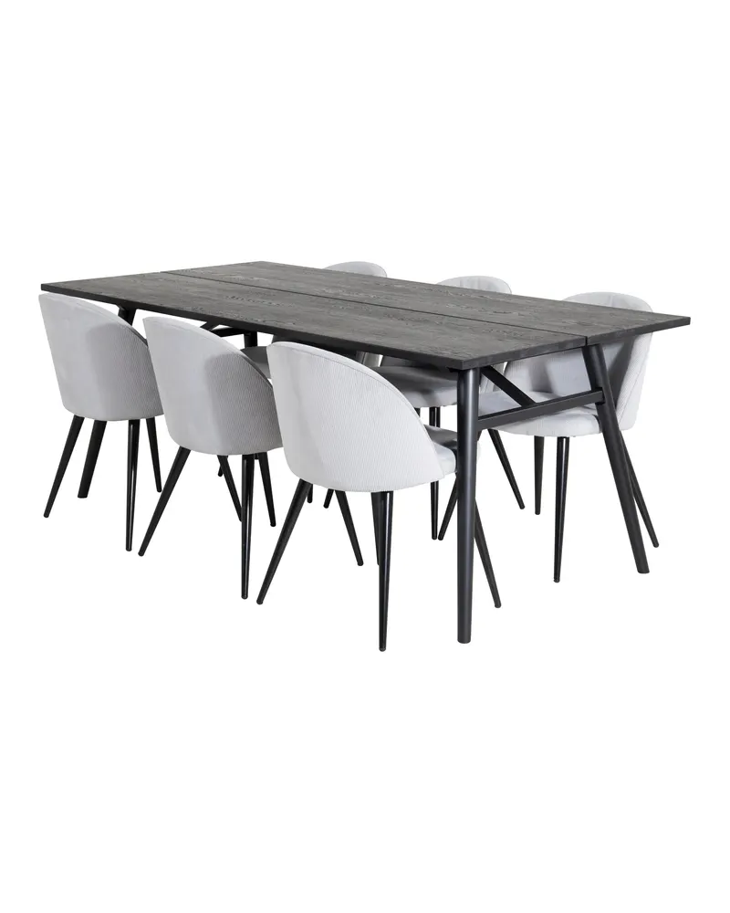Sleek & Velvet Essgruppe mit rechteckigem Esstisch und 6 Polsterstühlen in Hellgrau, Gestell Schwarz, Ansicht 2