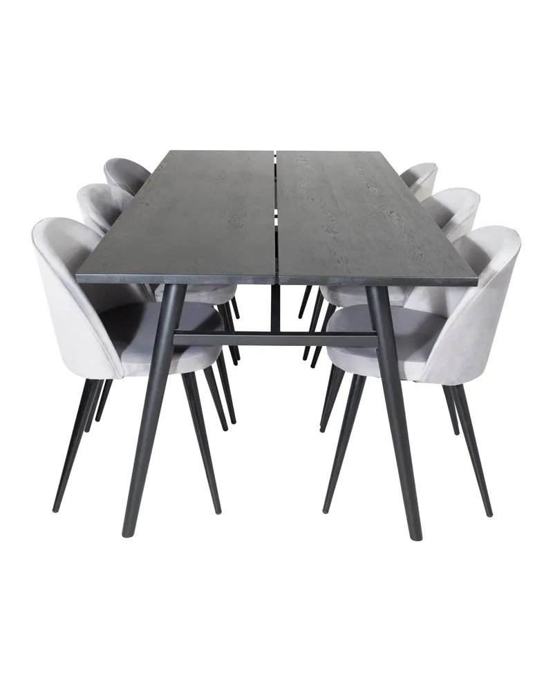 Sleek & Velvet Essgruppe mit rechteckigem Esstisch und 6 Polsterstühlen in Grau, Gestell Schwarz, Ansicht 1