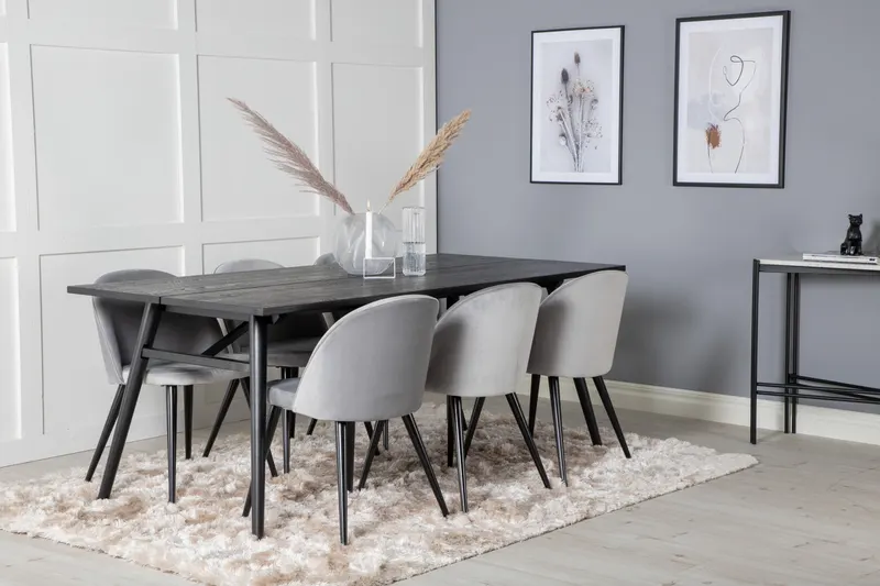 Sleek & Velvet Essgruppe mit rechteckigem Esstisch und 6 Polsterstühlen in Grau, Gestell Schwarz, im Wohnraum, Ansicht 2