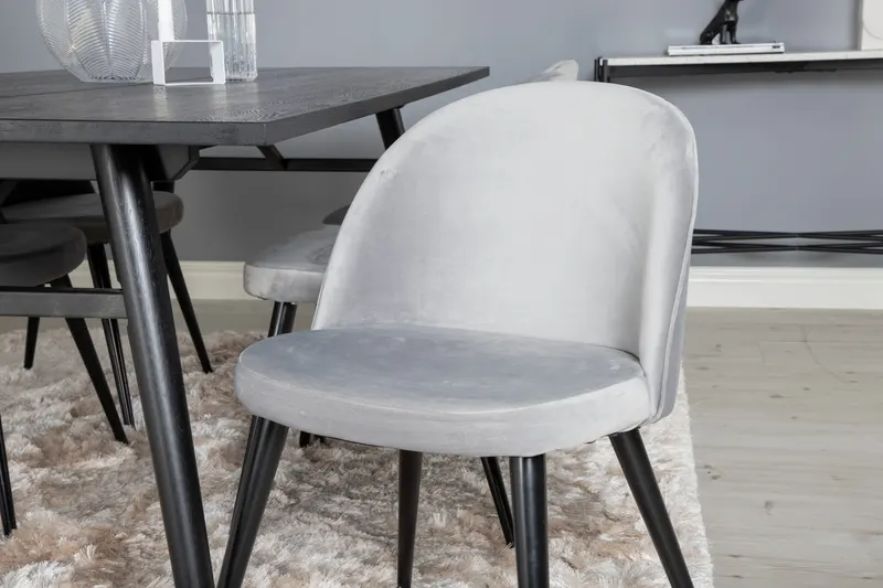 Sleek & Velvet Essgruppe mit rechteckigem Esstisch und 6 Polsterstühlen in Grau, Gestell Schwarz, im Wohnraum, Ansicht 3