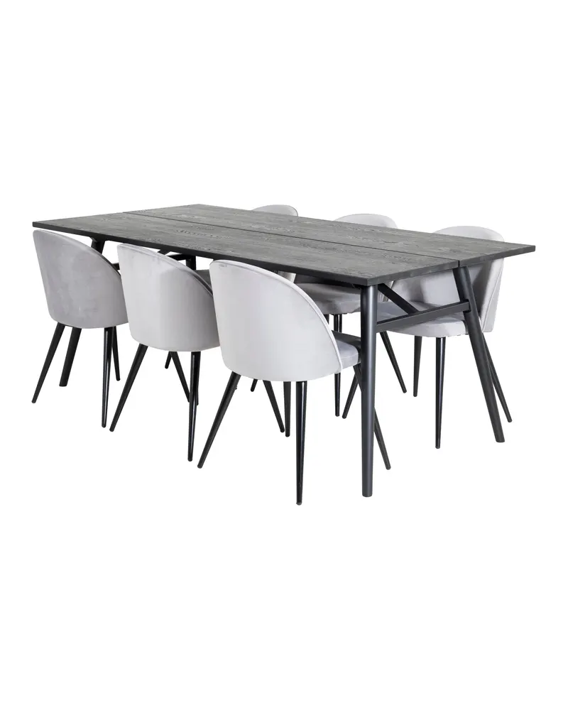 Sleek & Velvet Essgruppe mit rechteckigem Esstisch und 6 Polsterstühlen in Grau, Gestell Schwarz, Ansicht 2