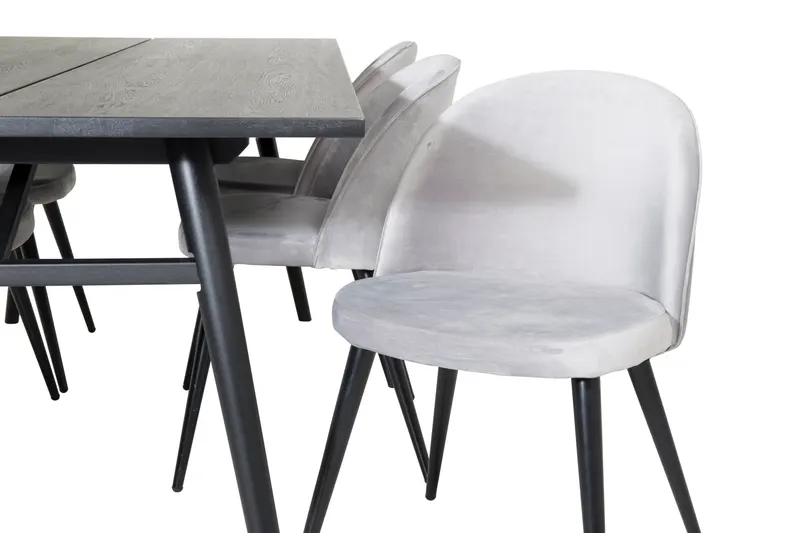 Sleek & Velvet Essgruppe mit rechteckigem Esstisch und 6 Polsterstühlen in Grau, Gestell Schwarz, Ansicht 3