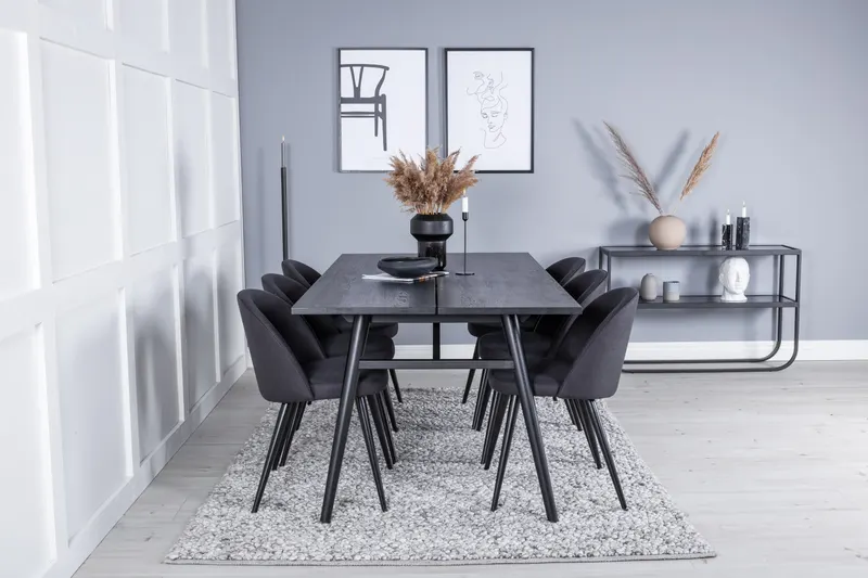 Sleek & Velvet Essgruppe mit rechteckigem Esstisch und 6 Polsterstühlen in Schwarz, im Wohnraum, Ansicht 1