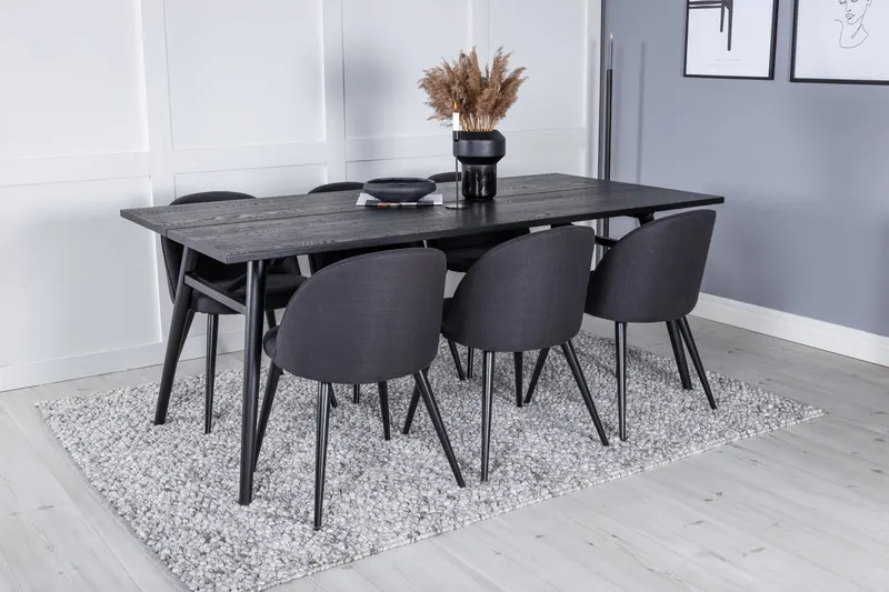 Sleek & Velvet Essgruppe mit rechteckigem Esstisch und 6 Polsterstühlen in Schwarz, im Wohnraum, Ansicht 2