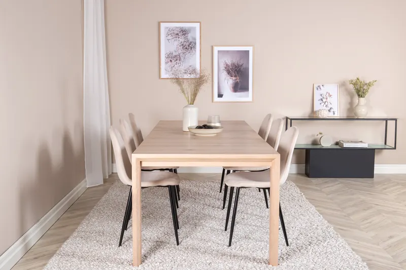 Slider & Polar Essgruppe mit rechteckigem Esstisch und 6 Polsterstühlen in Whitewash, Beige, Gestell Schwarz, im Wohnraum, Ansicht 1