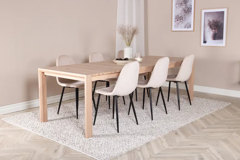 Slider & Polar Essgruppe mit rechteckigem Esstisch und 6 Polsterstühlen in Whitewash, Beige, Gestell Schwarz, im Wohnraum, Ansicht 2