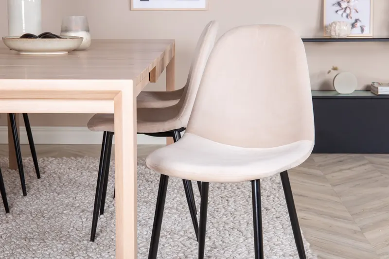 Slider & Polar Essgruppe mit rechteckigem Esstisch und 6 Polsterstühlen in Whitewash, Beige, Gestell Schwarz, im Wohnraum, Ansicht 3