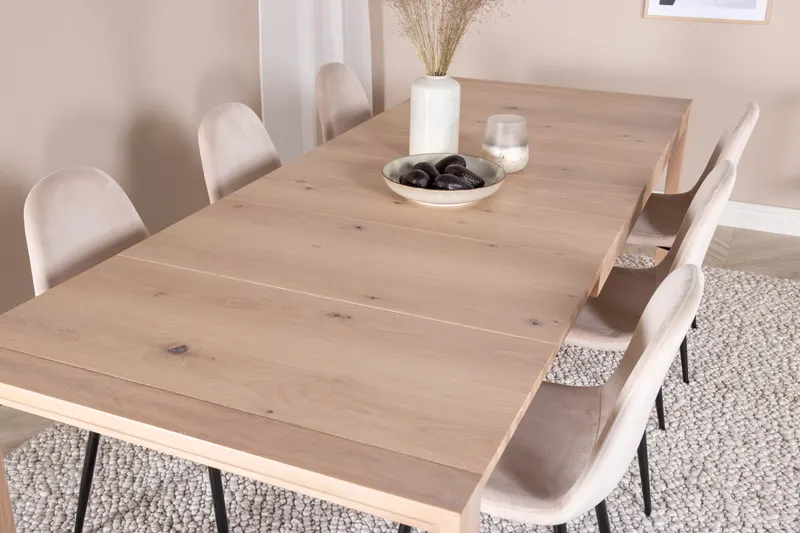 Slider & Polar Essgruppe mit rechteckigem Esstisch und 6 Polsterstühlen in Whitewash, Beige, Gestell Schwarz, im Wohnraum, Ansicht 4