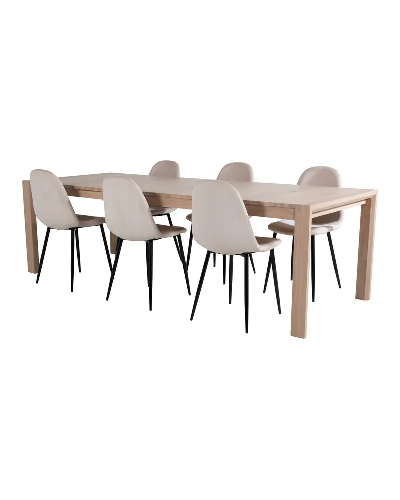 Slider & Polar Essgruppe mit rechteckigem Esstisch und 6 Polsterstühlen in Whitewash, Beige, Gestell Schwarz, Ansicht 2