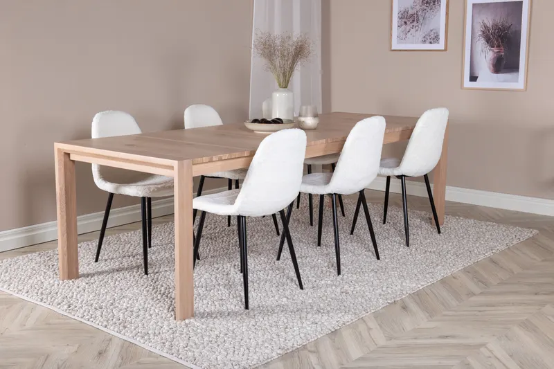 Slider & Polar Essgruppe mit rechteckigem Esstisch und 6 Polsterstühlen in Whitewash, Weiß, Gestell Schwarz, im Wohnraum, Ansicht 2