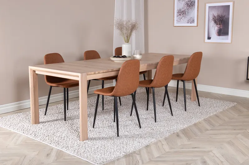 Slider & Polar Essgruppe mit rechteckigem Esstisch und 6 Polsterstühlen in Whitewash, Braun, Gestell Schwarz, im Wohnraum, Ansicht 2
