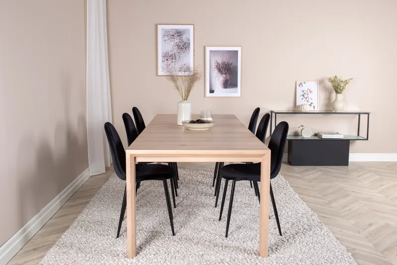 Slider & Polar Essgruppe mit rechteckigem Esstisch und 6 Polsterstühlen in Whitewash, Schwarz, im Wohnraum, Ansicht 1