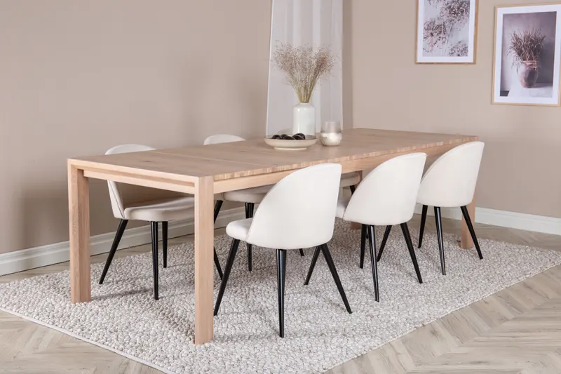 Slider & Velvet Essgruppe mit rechteckigem Esstisch und 4 Polsterstühlen in Whitewash, im Wohnraum, Ansicht 2