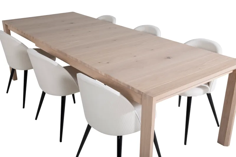 Slider & Velvet Essgruppe mit rechteckigem Esstisch und 4 Polsterstühlen in Whitewash, Ansicht 4