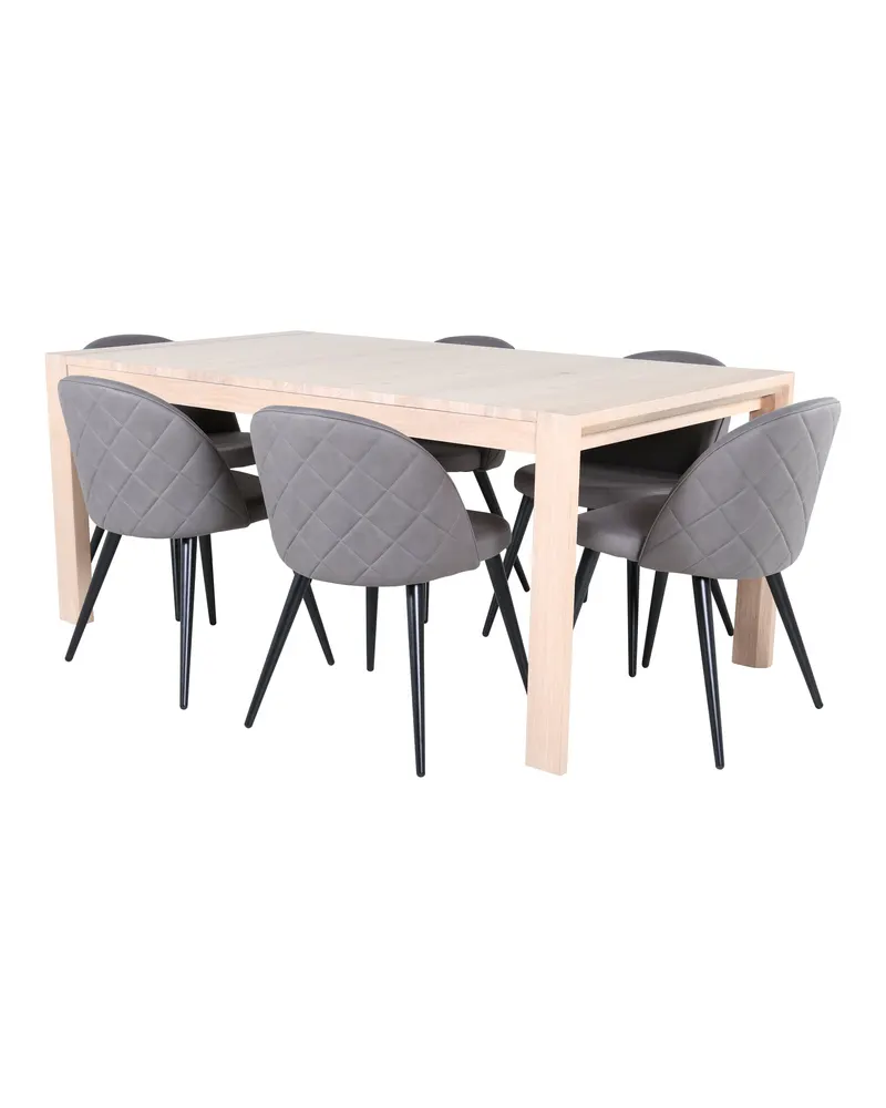 Slider & Velvet Essgruppe mit rechteckigem Esstisch und 6 Polsterstühlen in Whitewash, Grau, Gestell Schwarz, Ansicht 1