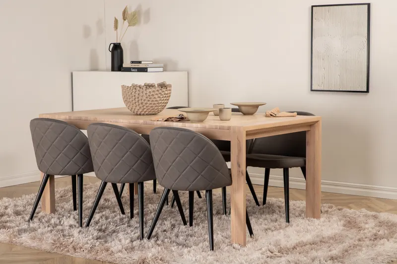 Slider & Velvet Essgruppe mit rechteckigem Esstisch und 6 Polsterstühlen in Whitewash, Grau, Gestell Schwarz, im Wohnraum, Ansicht 1