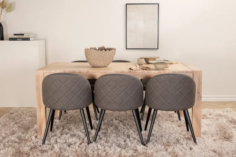 Slider & Velvet Essgruppe mit rechteckigem Esstisch und 6 Polsterstühlen in Whitewash, Grau, Gestell Schwarz, im Wohnraum, Ansicht 2