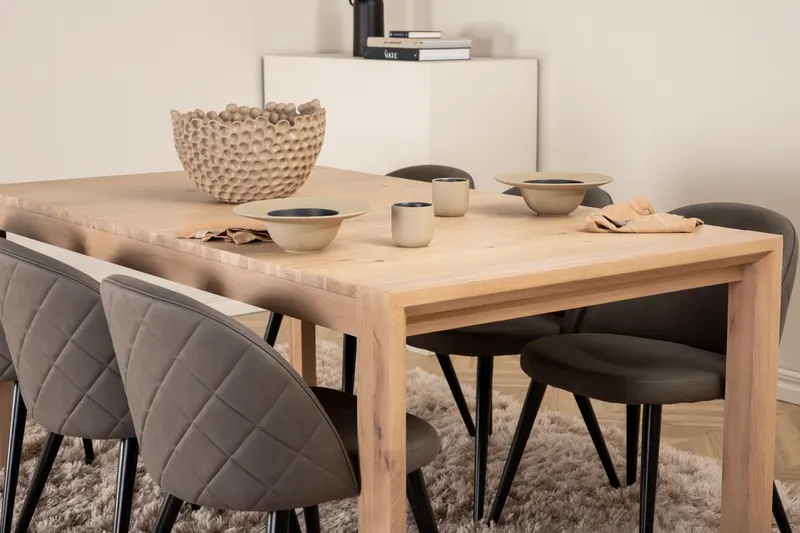 Slider & Velvet Essgruppe mit rechteckigem Esstisch und 6 Polsterstühlen in Whitewash, Grau, Gestell Schwarz, im Wohnraum, Ansicht 3