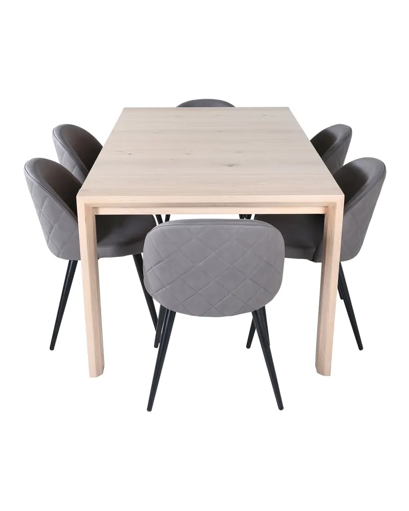 Slider & Velvet Essgruppe mit rechteckigem Esstisch und 6 Polsterstühlen in Whitewash, Grau, Gestell Schwarz, Ansicht 2