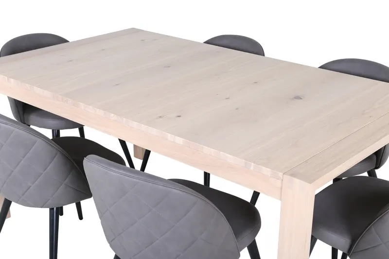 Slider & Velvet Essgruppe mit rechteckigem Esstisch und 6 Polsterstühlen in Whitewash, Grau, Gestell Schwarz, Ansicht 3