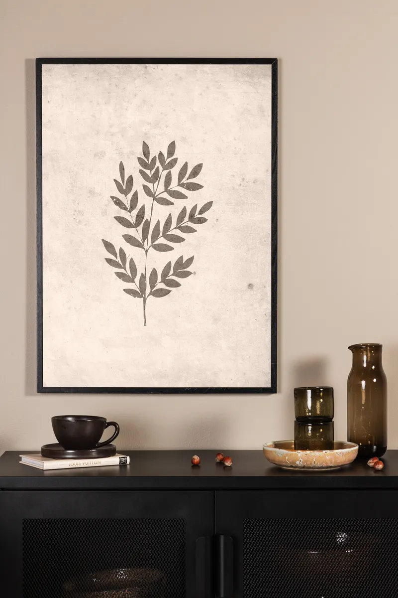 Spring leaf Poster, Blattzweig in Braun auf gesprenkeltem Beige