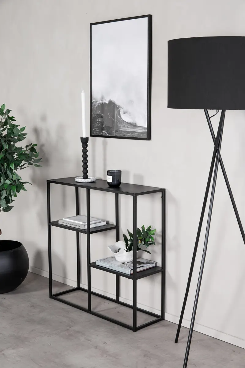 Staal Regal mit versetzten Böden in 26 × 81 × 80 cm, Schwarz, im Wohnraum, Ansicht 2