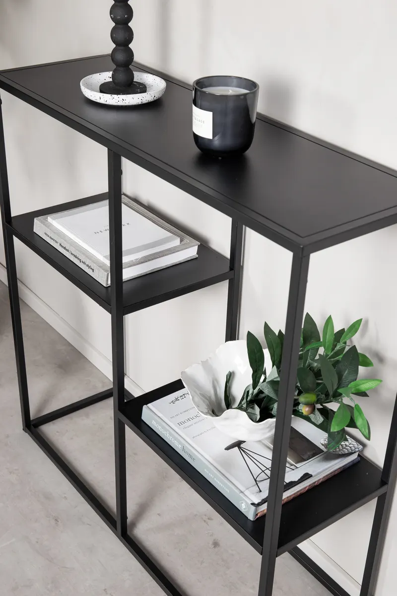Staal Regal mit versetzten Böden in 26 × 81 × 80 cm, Schwarz, im Wohnraum, Ansicht 3