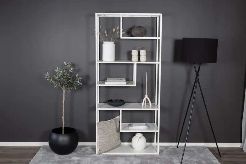 Staal Regal mit versetzten Böden in 35 × 190 × 85 cm, Weiß, im Wohnraum, Ansicht 1