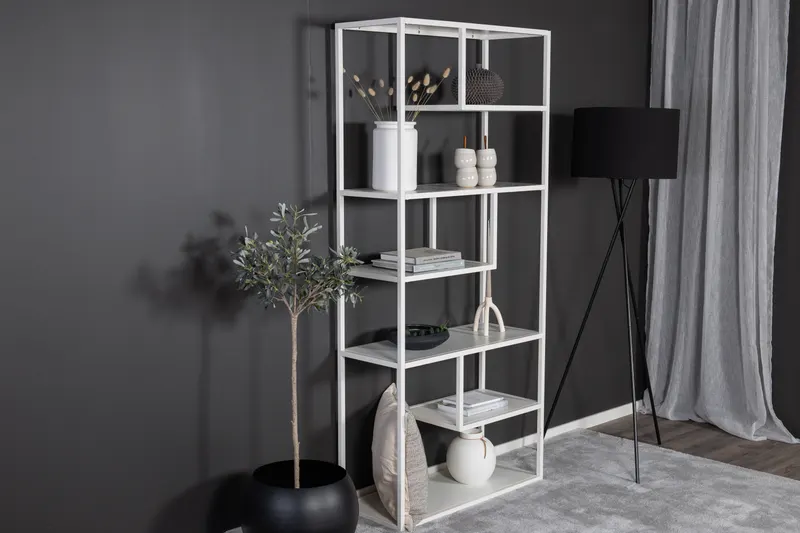 Staal Regal mit versetzten Böden in 35 × 190 × 85 cm, Weiß, im Wohnraum, Ansicht 2