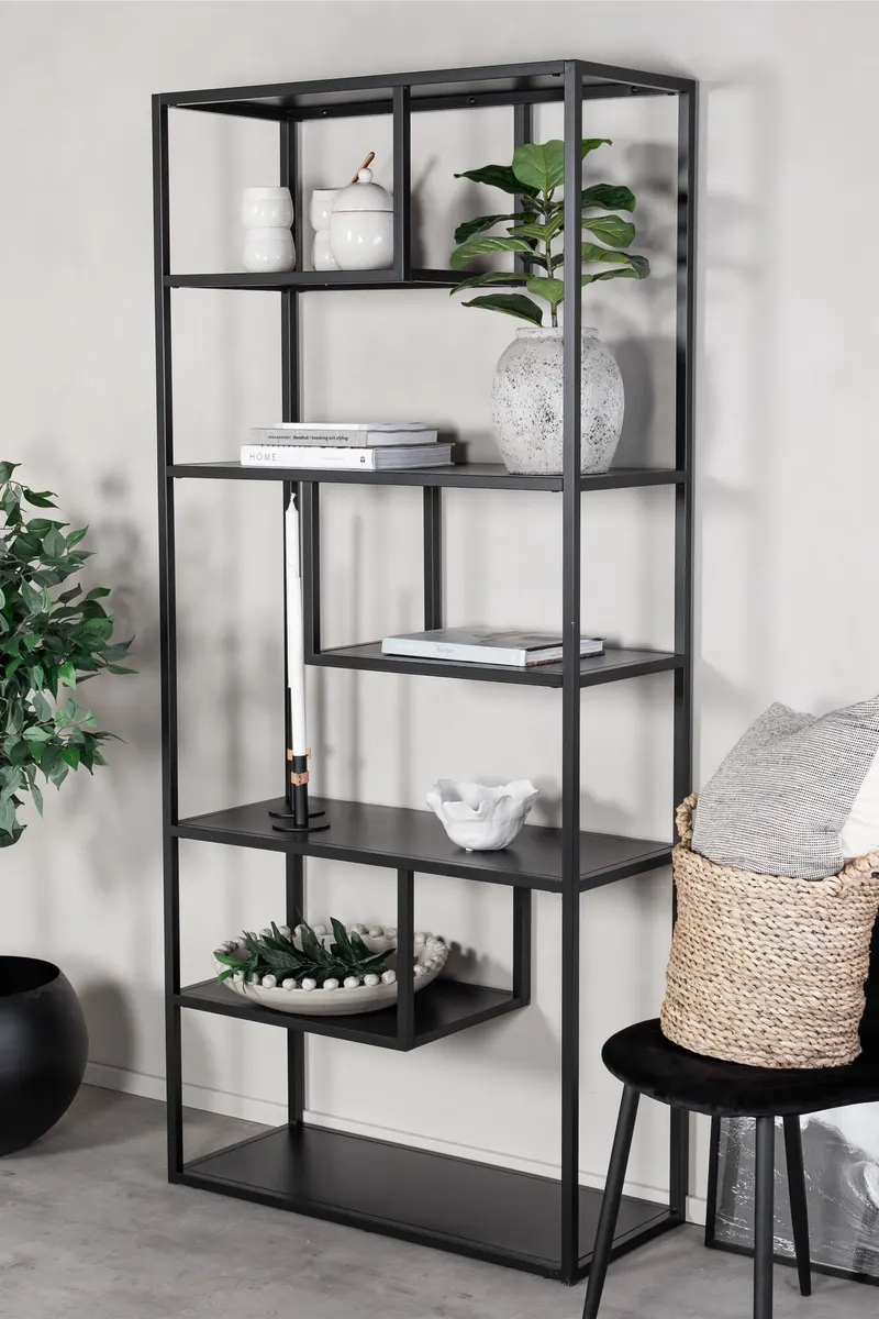 Staal Regal mit versetzten Böden in 35 × 190 × 85 cm, Schwarz, im Wohnraum, Ansicht 2