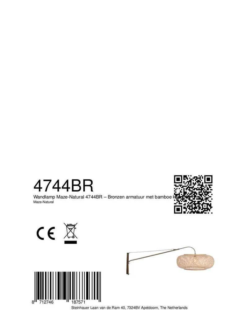Steinhauer Maze-Natural Wandleuchte aus Bambus und Metall mit E27-Fassung in Bronze, Naturfarben, Ansicht 10