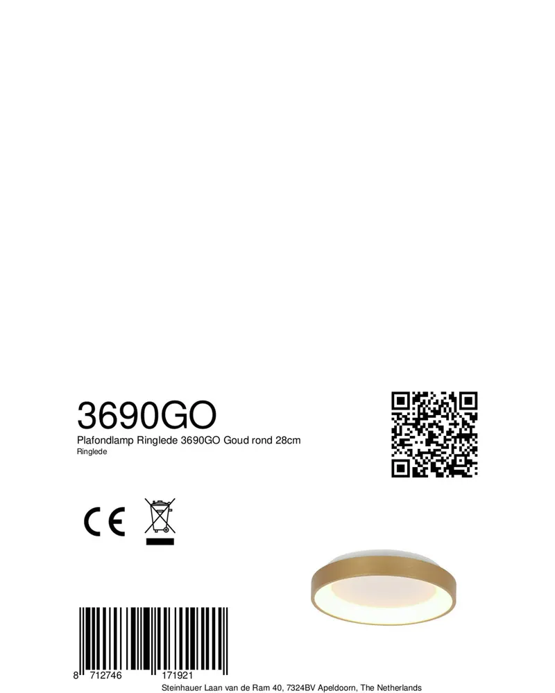 Ringlede kompakte LED-Deckenleuchte in Gold, Ansicht 10