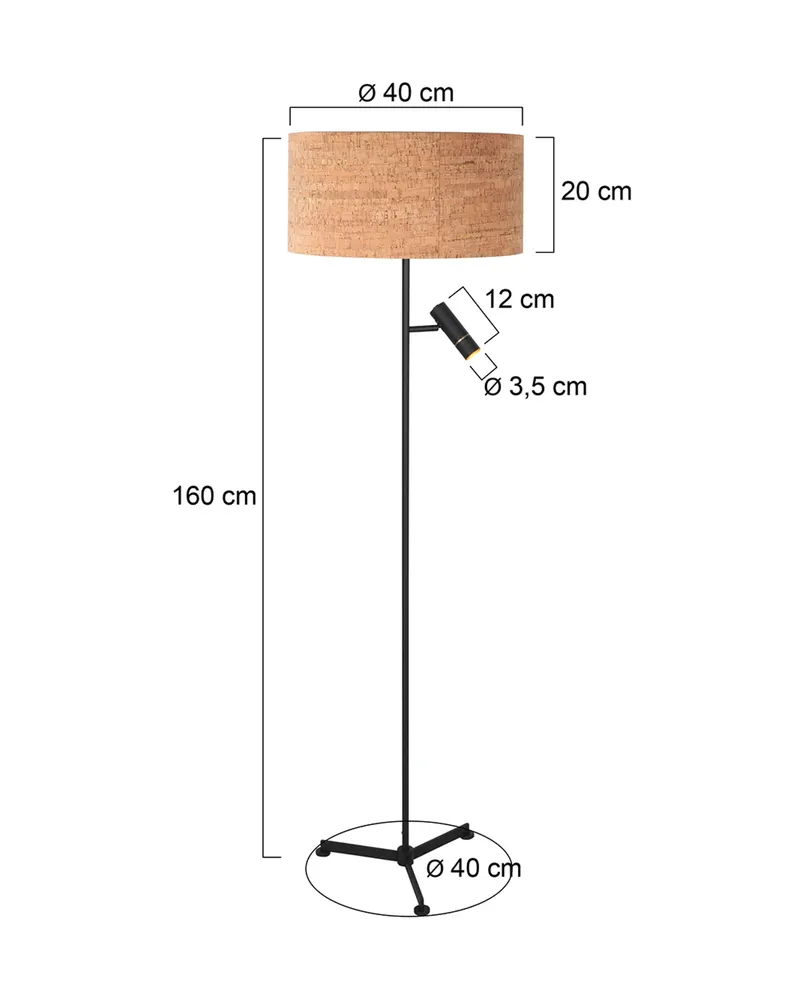 Stang Stehlampe mit Lesearm aus Kork und Metall in Beige, Schwarz, Ansicht 2