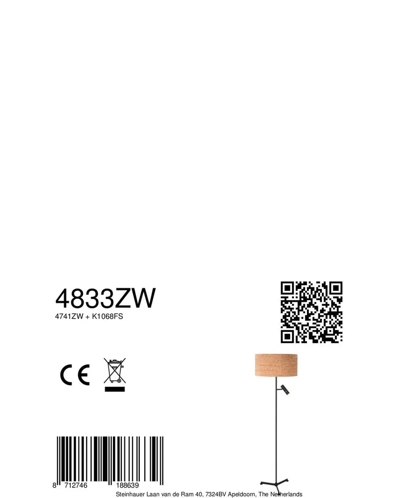 Stang Stehlampe mit Lesearm aus Kork und Metall in Beige, Schwarz, Ansicht 9