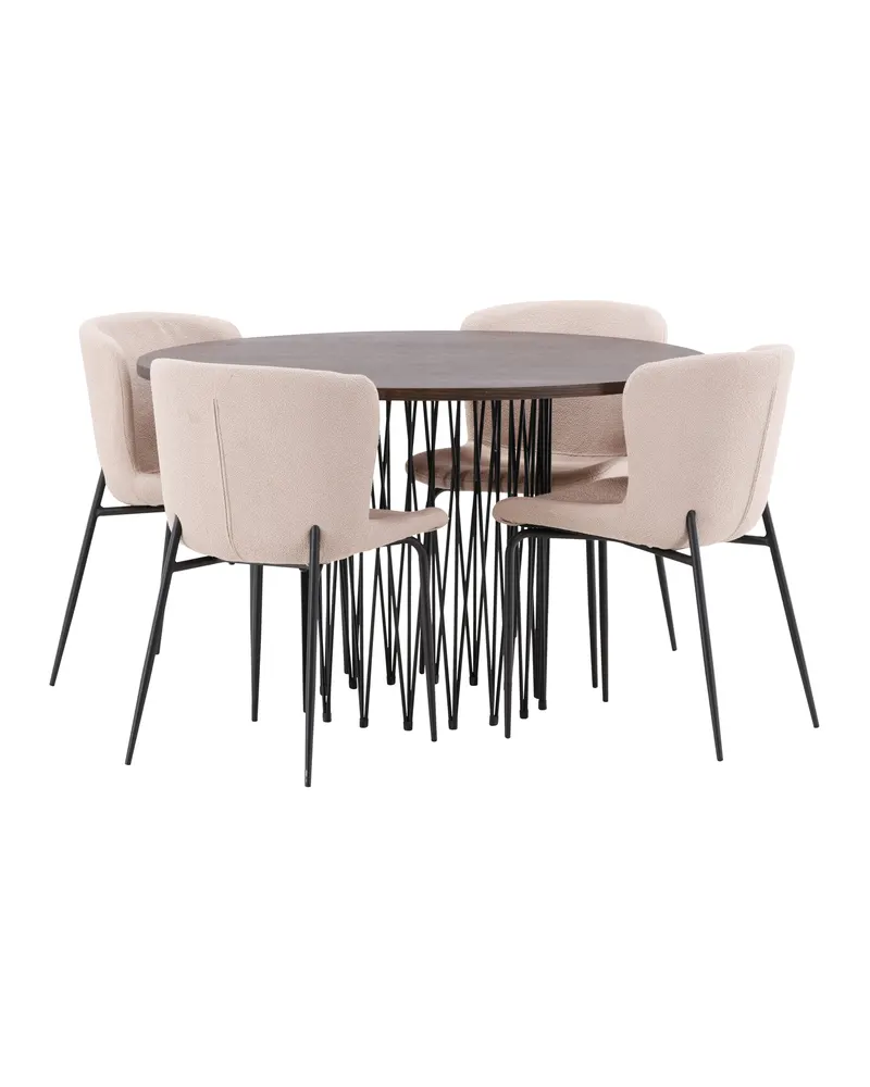 Stone & Modesto Essgruppe mit rundem Esstisch und 4 Bouclé-Stühlen in Beige, Gestell Schwarz, Ansicht 1