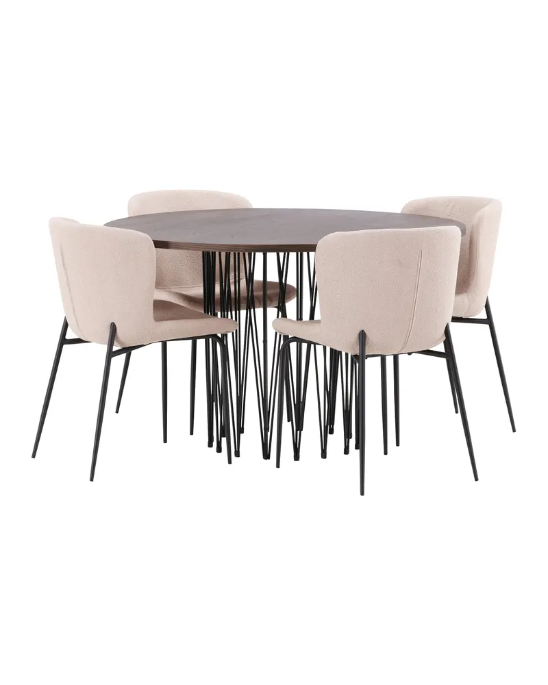 Stone & Modesto Essgruppe mit rundem Esstisch und 4 Bouclé-Stühlen in Beige, Gestell Schwarz, Ansicht 11