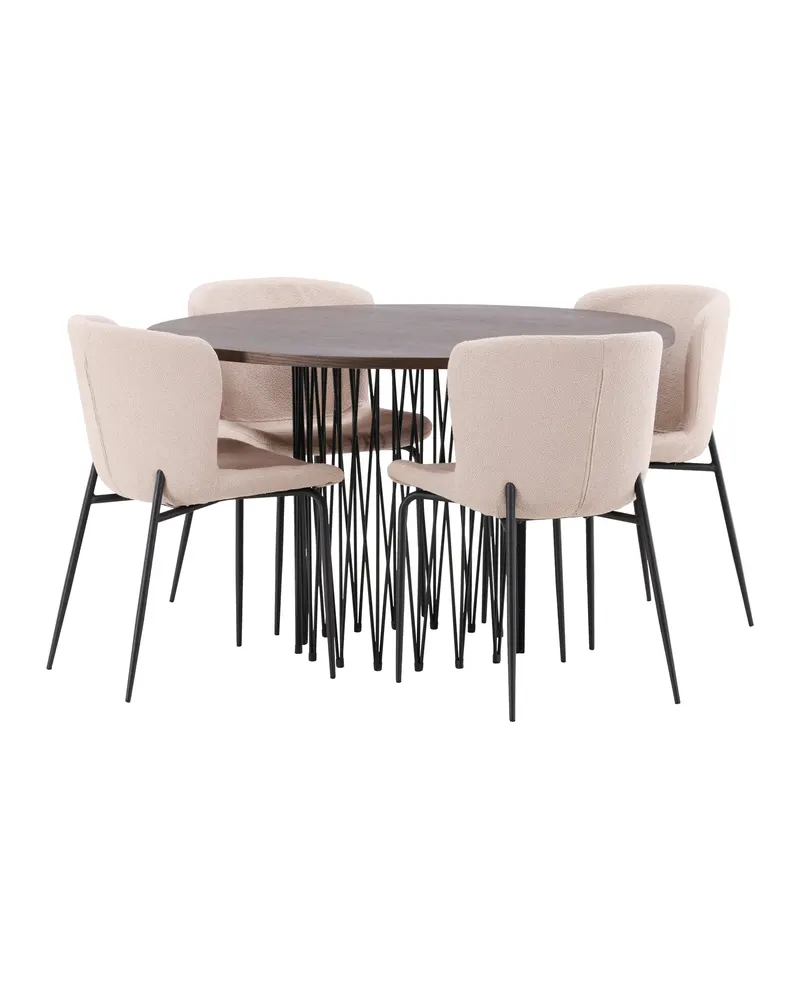 Stone & Modesto Essgruppe mit rundem Esstisch und 4 Bouclé-Stühlen in Beige, Gestell Schwarz, Ansicht 12